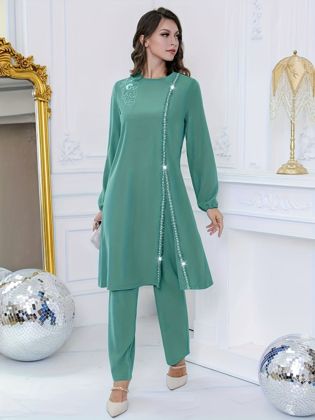 Women'S Sequined Flower Bead Embroidery Rhinestone Decorated Round Neck Long Sleeve Top with Drawstring Adjustable Pants, Elegant Business Fashion Design, Suitable for Festival Party Two-Piece Set - Ocean Green