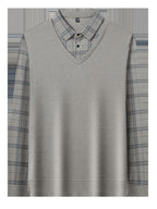 Men's 2-in-1 Look Long Sleeve Polo Shirt, Plaid Shirt Collar Spliced Top, Simple, Elegant, Delicate, and Skin-Friendly, Business Commute, Business Trip, Travel Top, Loose and Casual Men's Clothing for Home and Daily Wear, Available in Multiple Colors - Light Grey