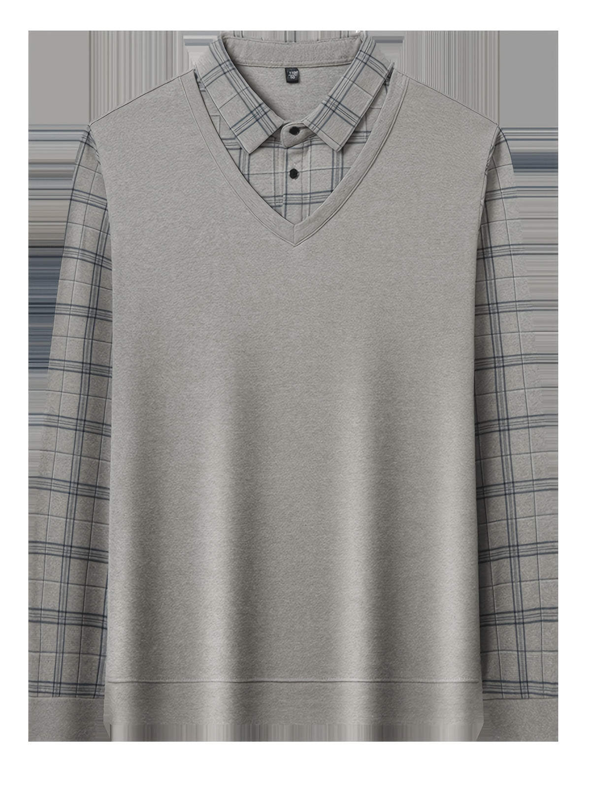 Men's 2-in-1 Look Long Sleeve Polo Shirt, Plaid Shirt Collar Spliced Top, Simple, Elegant, Delicate, and Skin-Friendly, Business Commute, Business Trip, Travel Top, Loose and Casual Men's Clothing for Home and Daily Wear, Available in Multiple Colors - Light Grey