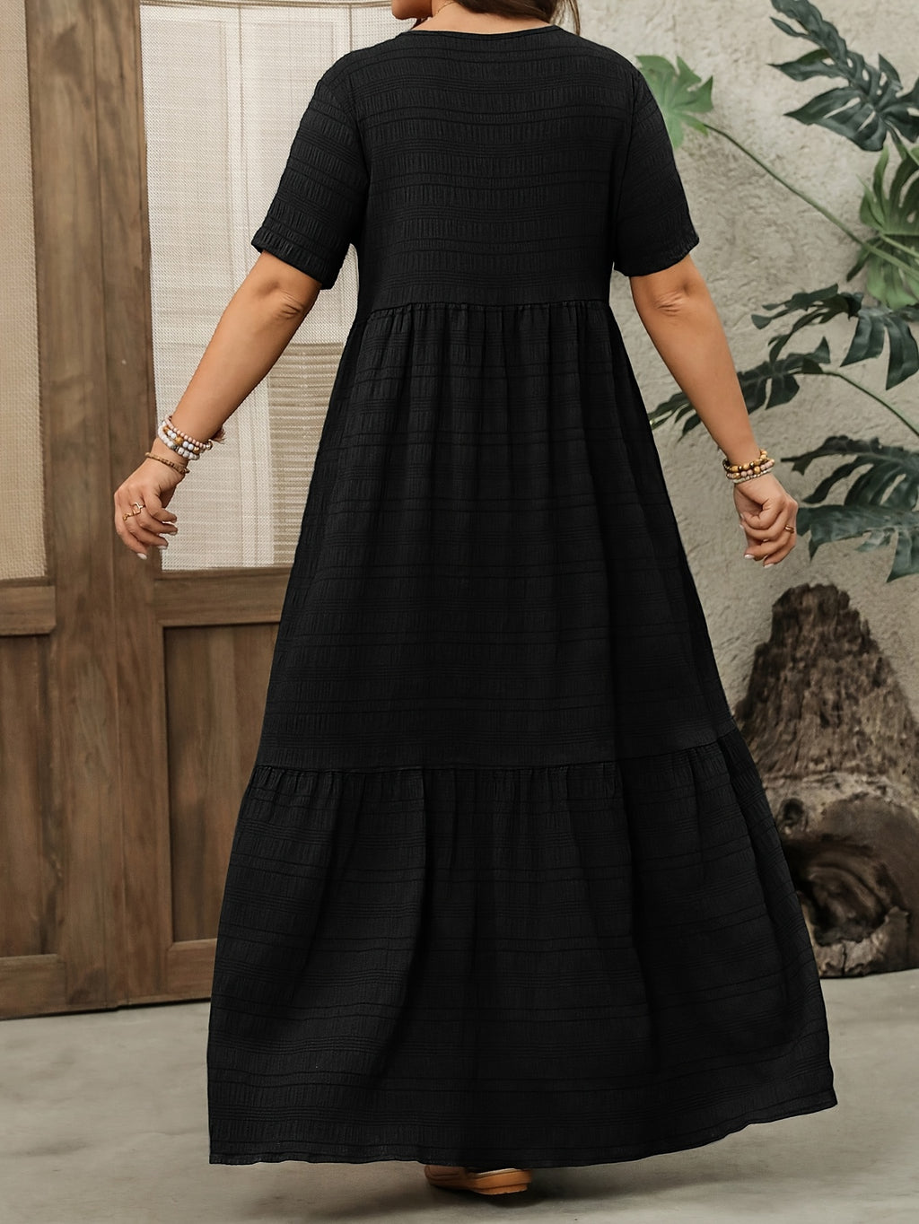 Plus Size - Plus Size - Plus Size Women'S Short Sleeve Maxi Dress, Suitable for Spring And Summer Women'S Clothing - Black