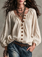 Western Cowgirl Bohemian Loose Blouse for Women, Crinkle Textured Fabric Half Placket Wooden Button Top, Lantern 3/4 Sleeve Flowy Beach Holiday Shirt - Apricot