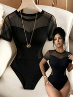 Elegant Mesh Patchwork Bodysuit, Round Neck, Short Sleeve, Fitted - Black