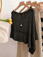 Women'S Hollow-Out Poncho Top, Boat Neck Irregular Hem Summer Beach Cover-Up, Seaside Bohemian Vacation Style Casual Top, Lightweight Breathable Loose Sweater, Mesh Detail Striped Design, Relaxed Layering Style, Suitable for Holiday, Daily Wear - Black