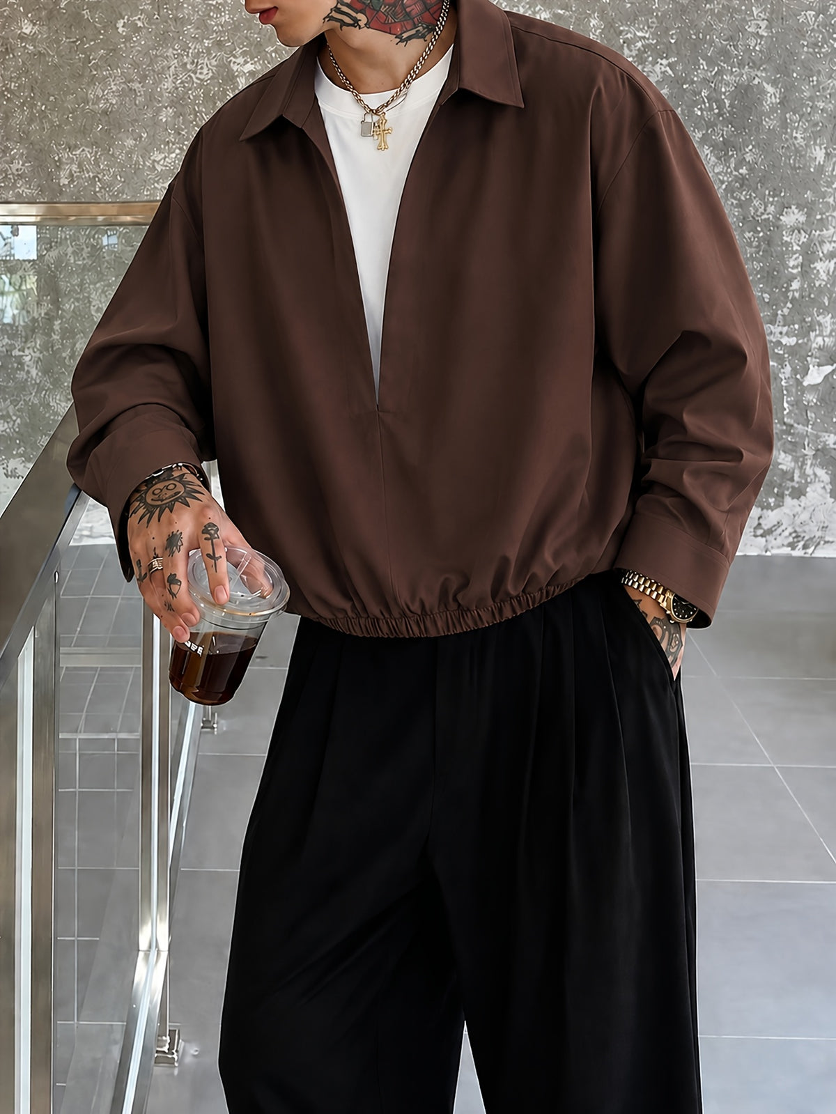 2-in-1 Look Double-Layer Long Sleeve Shirt, Color-Block Patchwork Casual Loose Fit Men's Top T-Shirt, Men's Shirt, Versatile V-Neck Lapel Pullover for Spring and Autumn, New Season - Coffee Color