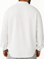 Men's Vintage Lapel Long Sleeve Shirt, Vertical Ribbed Minimalist Solid Knit Top, Versatile Casual Wear - White