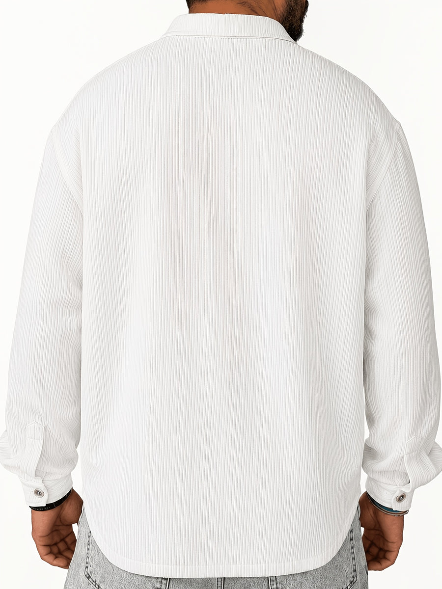 Men's Vintage Lapel Long Sleeve Shirt, Vertical Ribbed Minimalist Solid Knit Top, Versatile Casual Wear - White