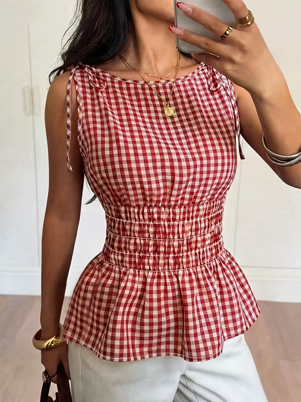 Women'S Elegant Checkered Summer Retro Nostalgic Style Picnic Sleeveless Tight Top, French Shoulder Strap Tie-Front Heart-Shaped Neckline, Waist-Cinching Design, Ruffled Hem Doll-Style Blouse - Mixed colors