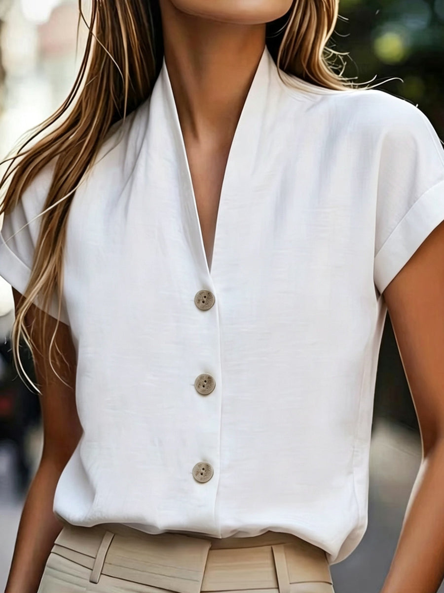 Spring and Summer Korean Style Easy V-Neck Ruffled Sleeve Shirt - White