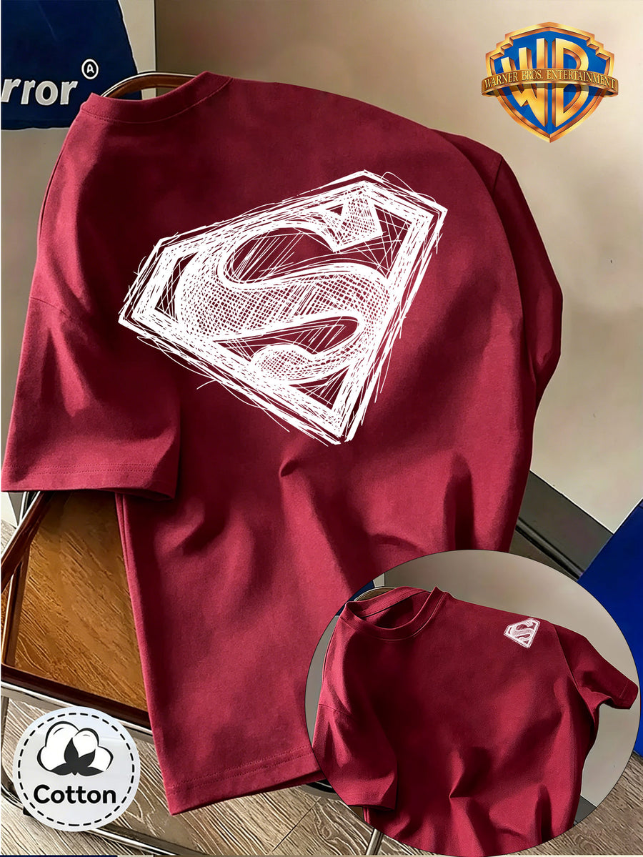DC Superman Sketch S Logo Print 100% T-Shirt, Unisex Trendy Top, Double-Sided Print Design, Soft Fabric Material, Fashionable And Versatile Round Neck Short Sleeve Top, Designed for Men. Casual And Comfortable, Diverse Styles And Loose Fit - Burgundy