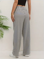 Striped Women's Casual Pants, Four Seasons Lazy Style Elastic Waist Drawstring Loose Versatile Textured Wide Leg Long Pants - Apricot Black Strips