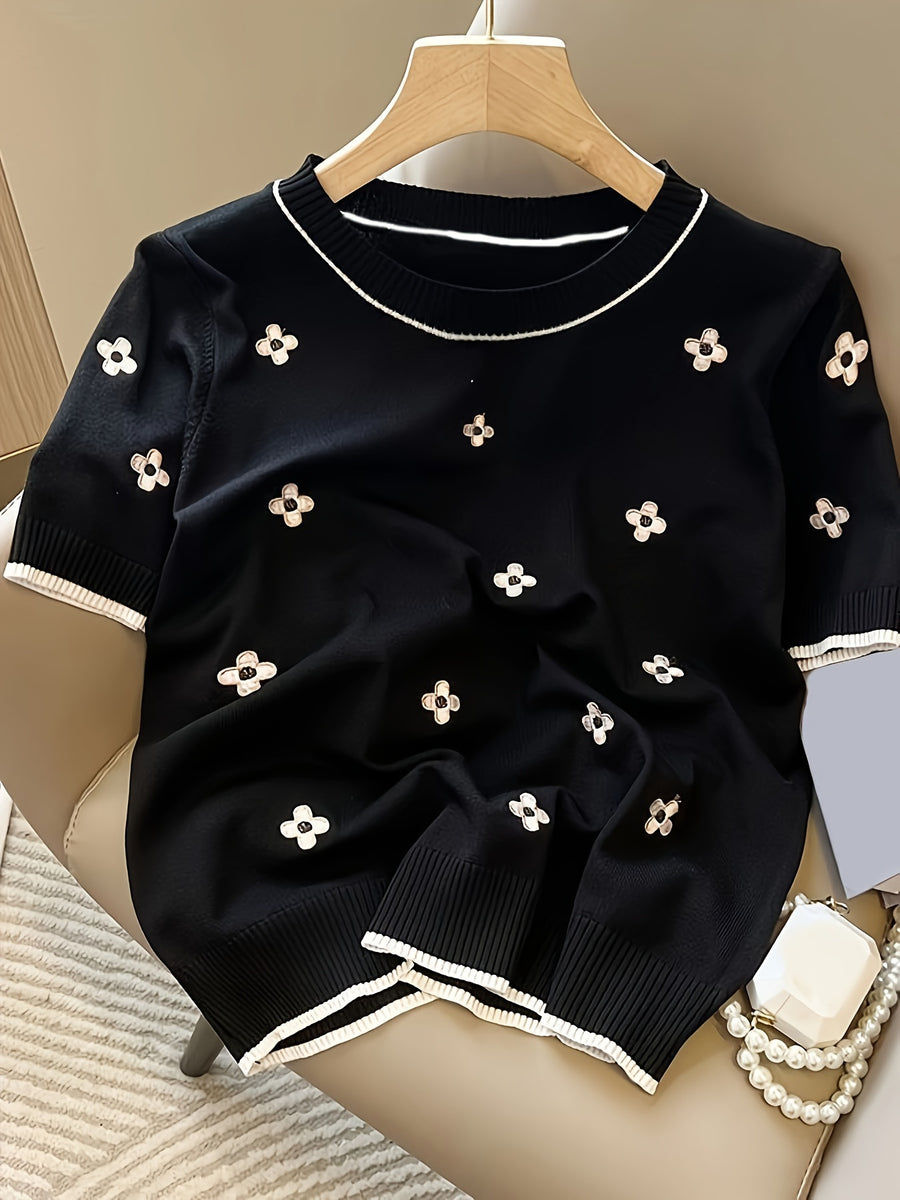 New Versatile Short Sleeve Top Casual Simple Loose Round Neck Embroidered Thin Style - Black