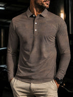Men'S Long Sleeve Polo Shirt, Brown Vintage Distressed Texture Digital Print, Polo Collar, Three Button Placket, Polyester, Regular Fit, Casual Vintage Style, Daily Wear Travel Gatherings, Spring And Fall - Mixed colors