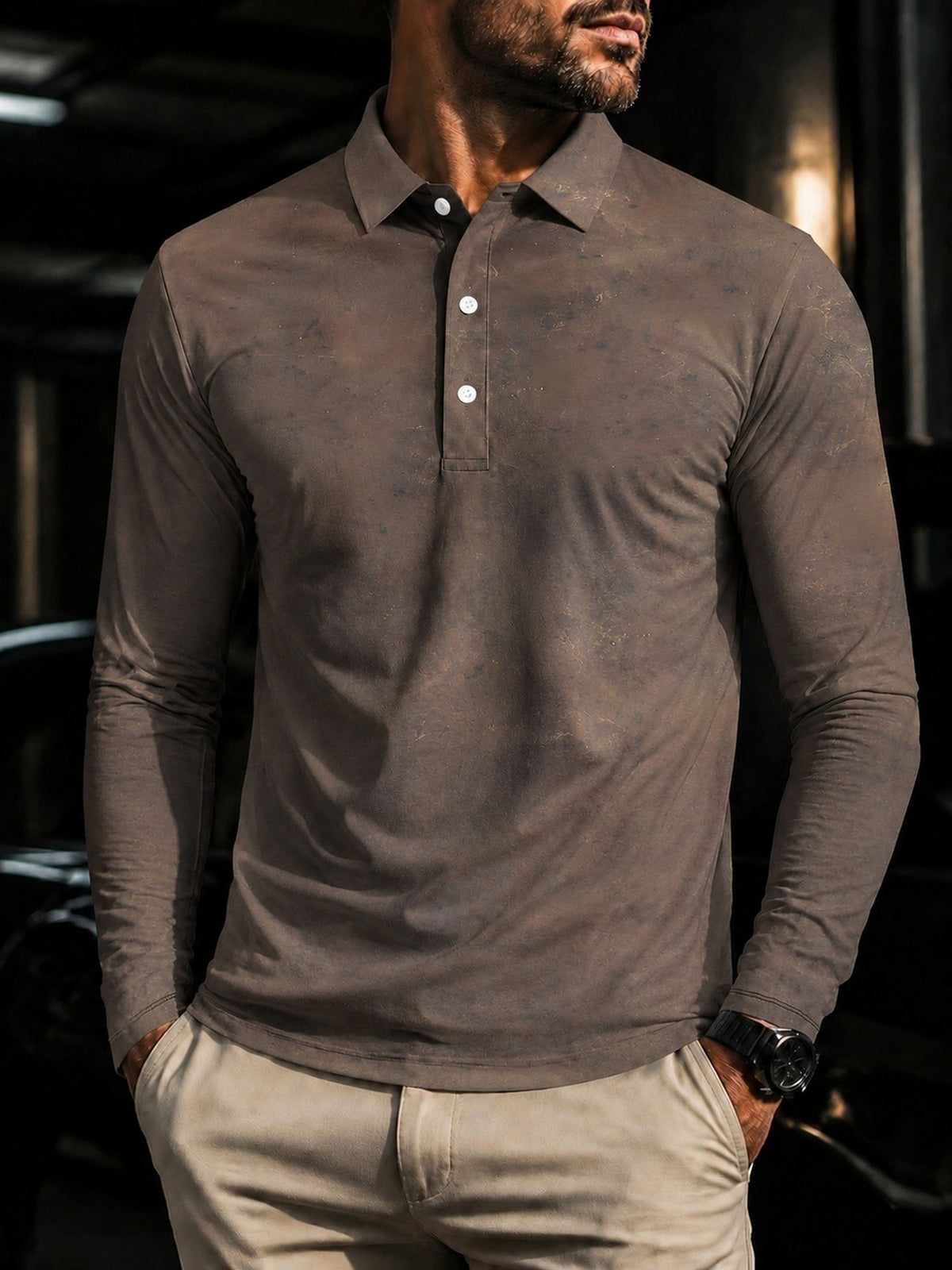 Men'S Long Sleeve Polo Shirt, Brown Vintage Distressed Texture Digital Print, Polo Collar, Three Button Placket, Polyester, Regular Fit, Casual Vintage Style, Daily Wear Travel Gatherings, Spring And Fall - Mixed colors
