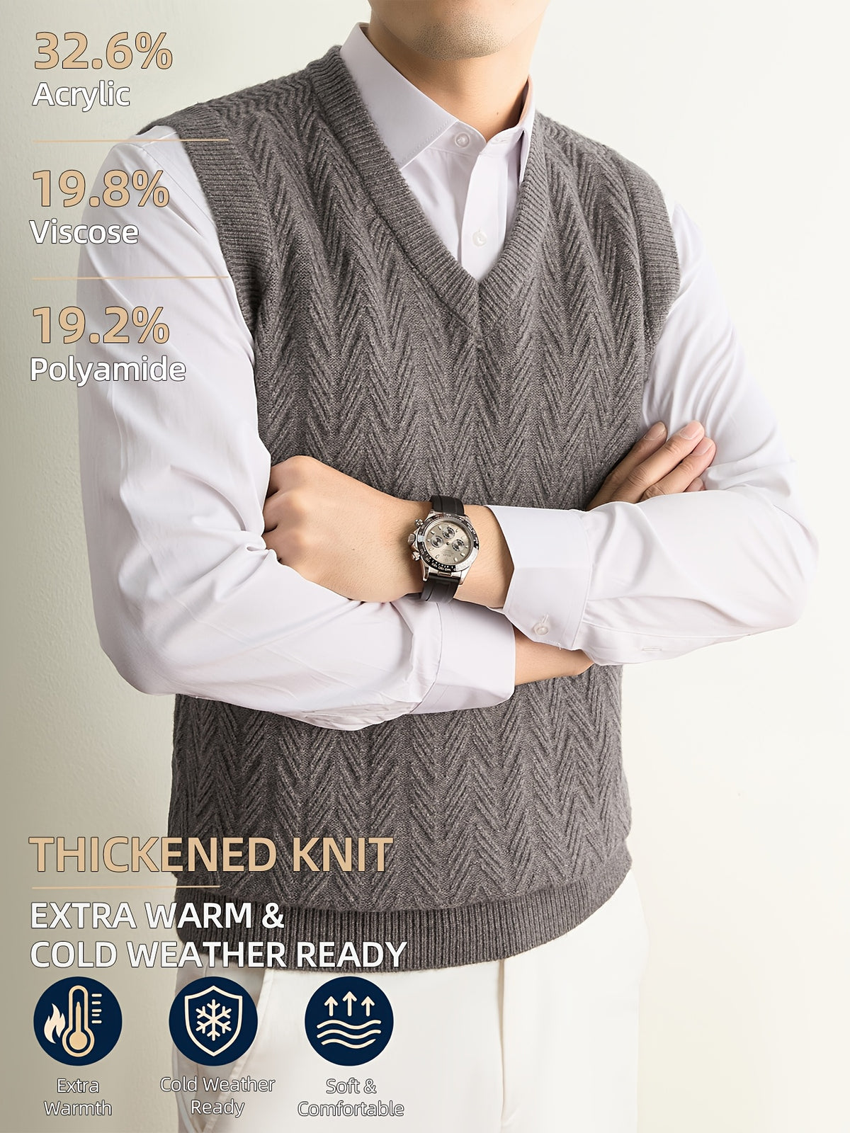 Men's Autumn & Winter Knitted Sweater Vest, Classic V-Neck with Raised Herringbone Texture, Thick & Warm, Timeless Refined Style for Work, Casual Wear, Outdoor Activities & Camping, Ideal Gift for Dad or Husband - Medium Gray