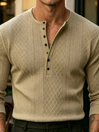 [Josh Mei OBM] Fall Winter Men'S Diamond Jacquard Henley Long Sleeve Sweater, Half-Button Placket Slim Fit Versatile Pullover Top, Suitable for Office, Street And Weekend Casual Wear Soft Knit Top, Multi-Color Options - Khaki