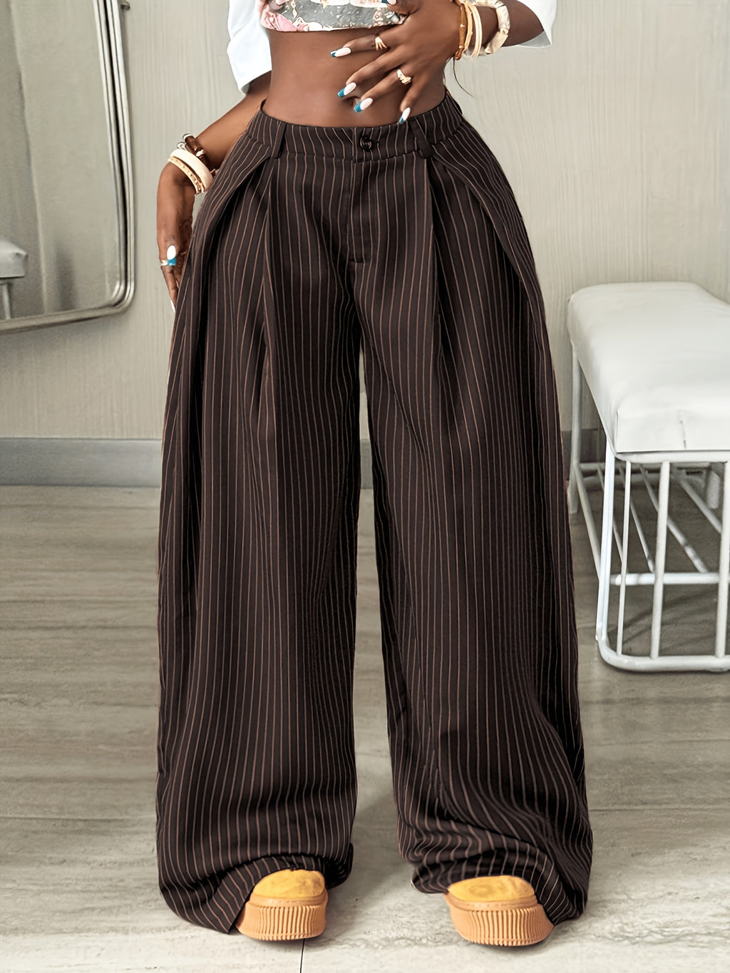 Women's Autumn/Winter Cool Vintage Casual Street Style Oversized Brown Curved Hem Striped Cargo Pants - Coffee Brown