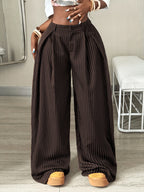 Women's Autumn/Winter Cool Vintage Casual Street Style Oversized Brown Curved Hem Striped Cargo Pants - Coffee Brown