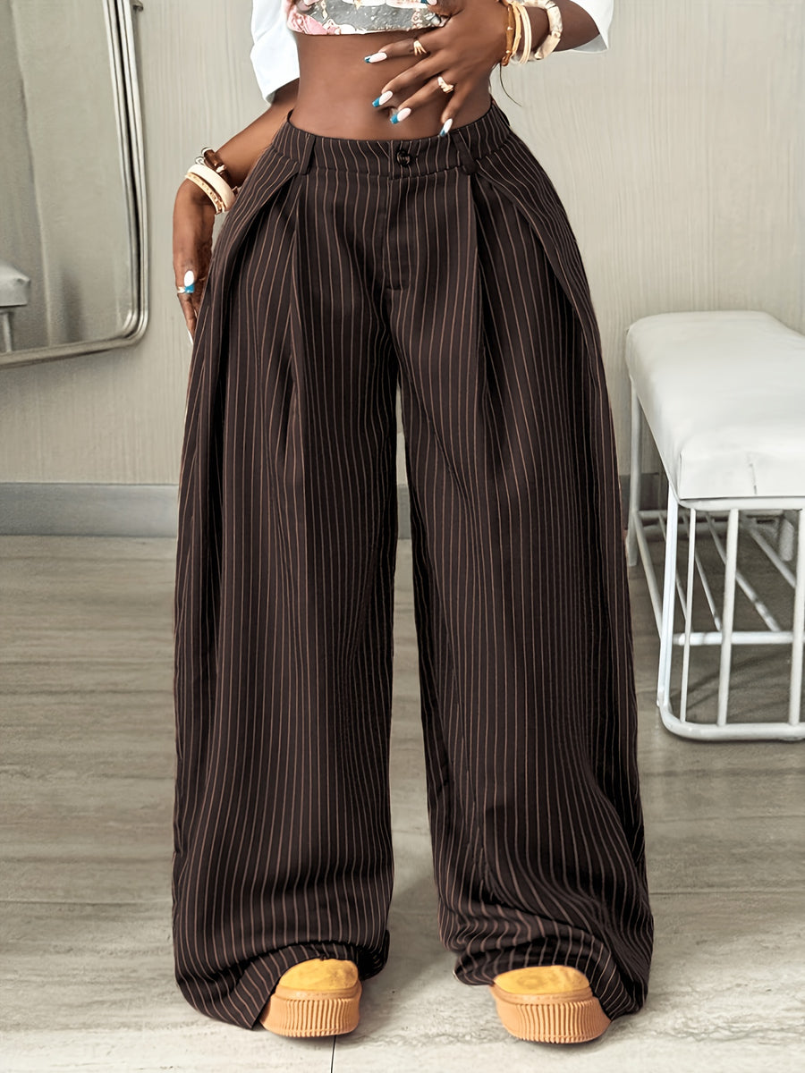 Women's Autumn/Winter Cool Vintage Casual Street Style Oversized Brown Curved Hem Striped Cargo Pants - Coffee Brown