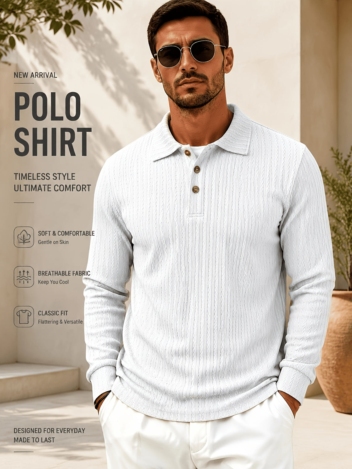 New Autumn Winter Men'S Fashion Casual Outdoor Jacquard Lapel Button-Up Long Sleeve Henley Shirt, Boyfriend Birthday Gift - White