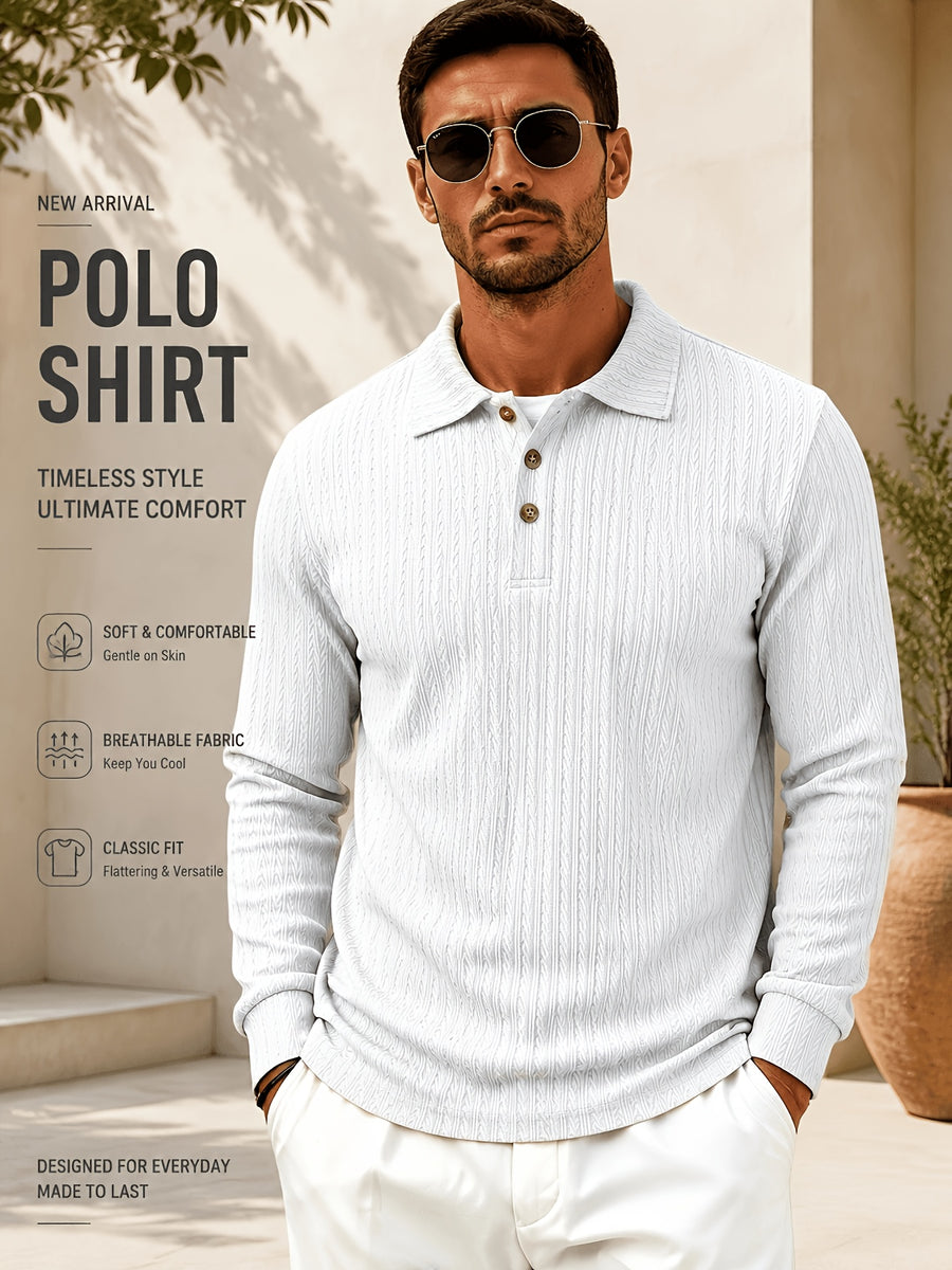 New Autumn Winter Men'S Fashion Casual Outdoor Jacquard Lapel Button-Up Long Sleeve Henley Shirt, Boyfriend Birthday Gift - White