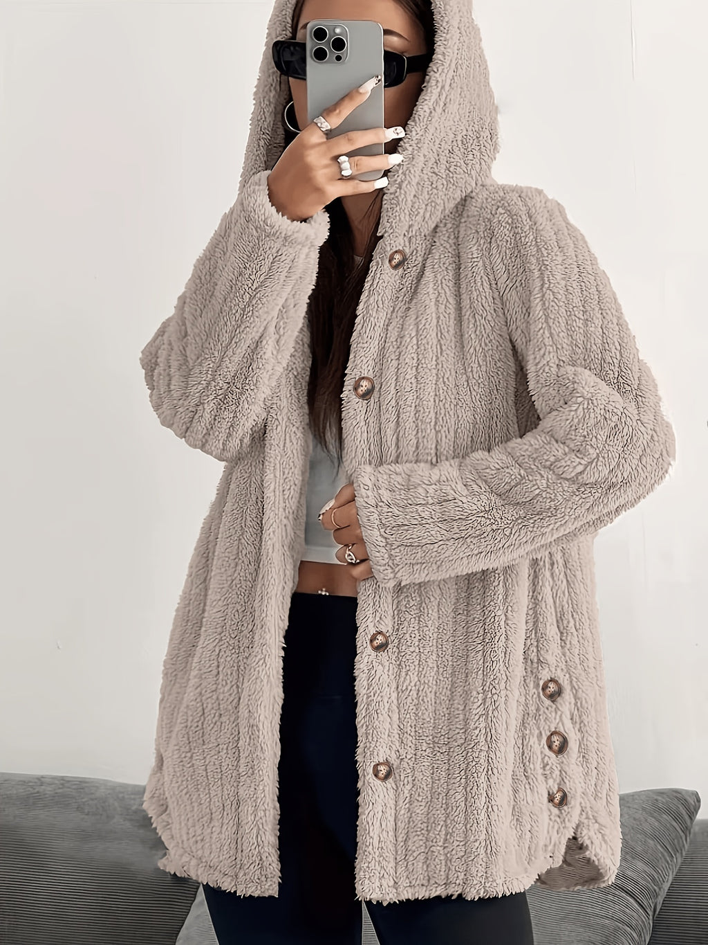 2026 Autumn Winter New Arrival, Solid Striped Jacquard Double-Faced Fleece Jacket, Regular Shoulder Long Sleeve, Hooded, Open Front, Hem Design, Mid-Length Plush Jacket, Easy And Comfortable, Essential Jacket for Autumn Winter - Khaki