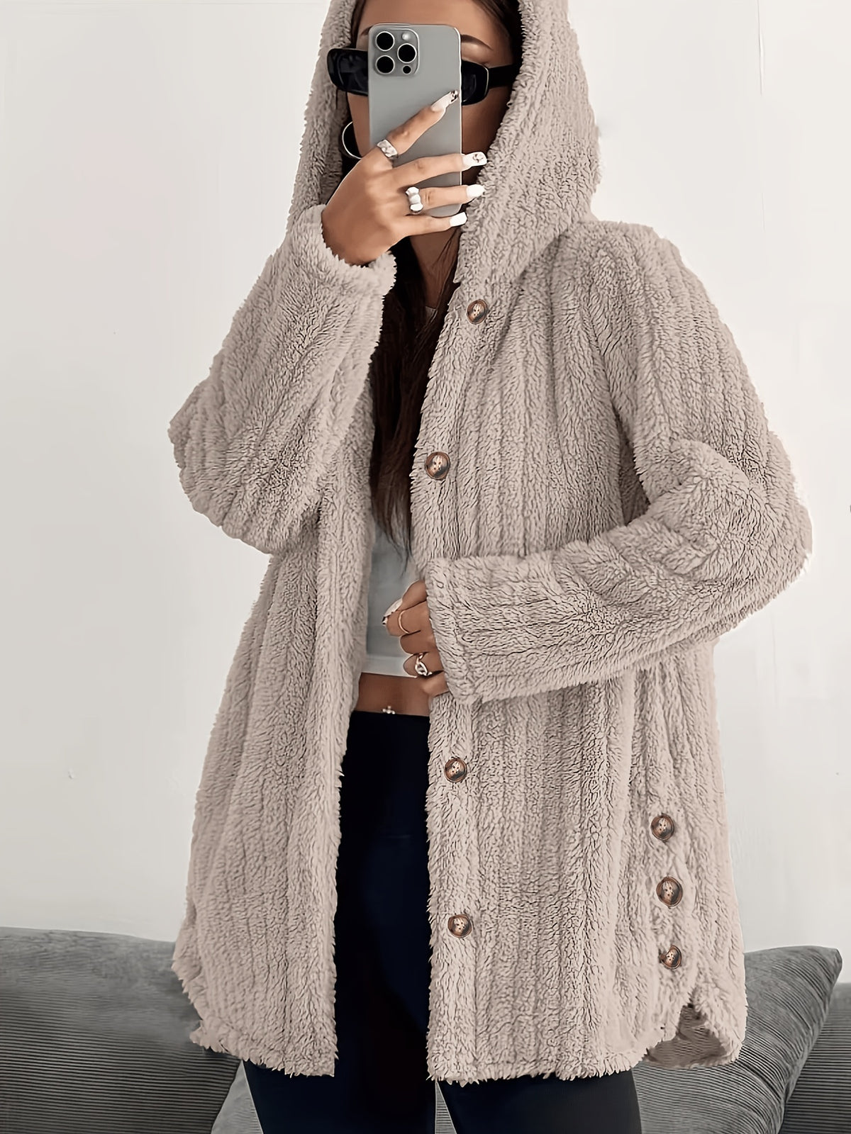2026 Autumn Winter New Arrival, Solid Striped Jacquard Double-Faced Fleece Jacket, Regular Shoulder Long Sleeve, Hooded, Open Front, Hem Design, Mid-Length Plush Jacket, Easy And Comfortable, Essential Jacket for Autumn Winter - Khaki