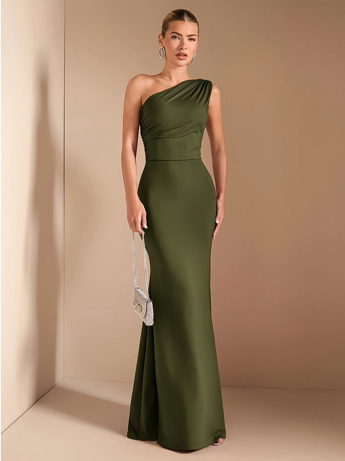 Spring/Summer New Elegant Women's Asymmetrical Neckline Off-Shoulder Long Sleeve Dress, Suitable for Casual, Dating, Club, Party, Christmas, Backless, Wedding Dress - fern green