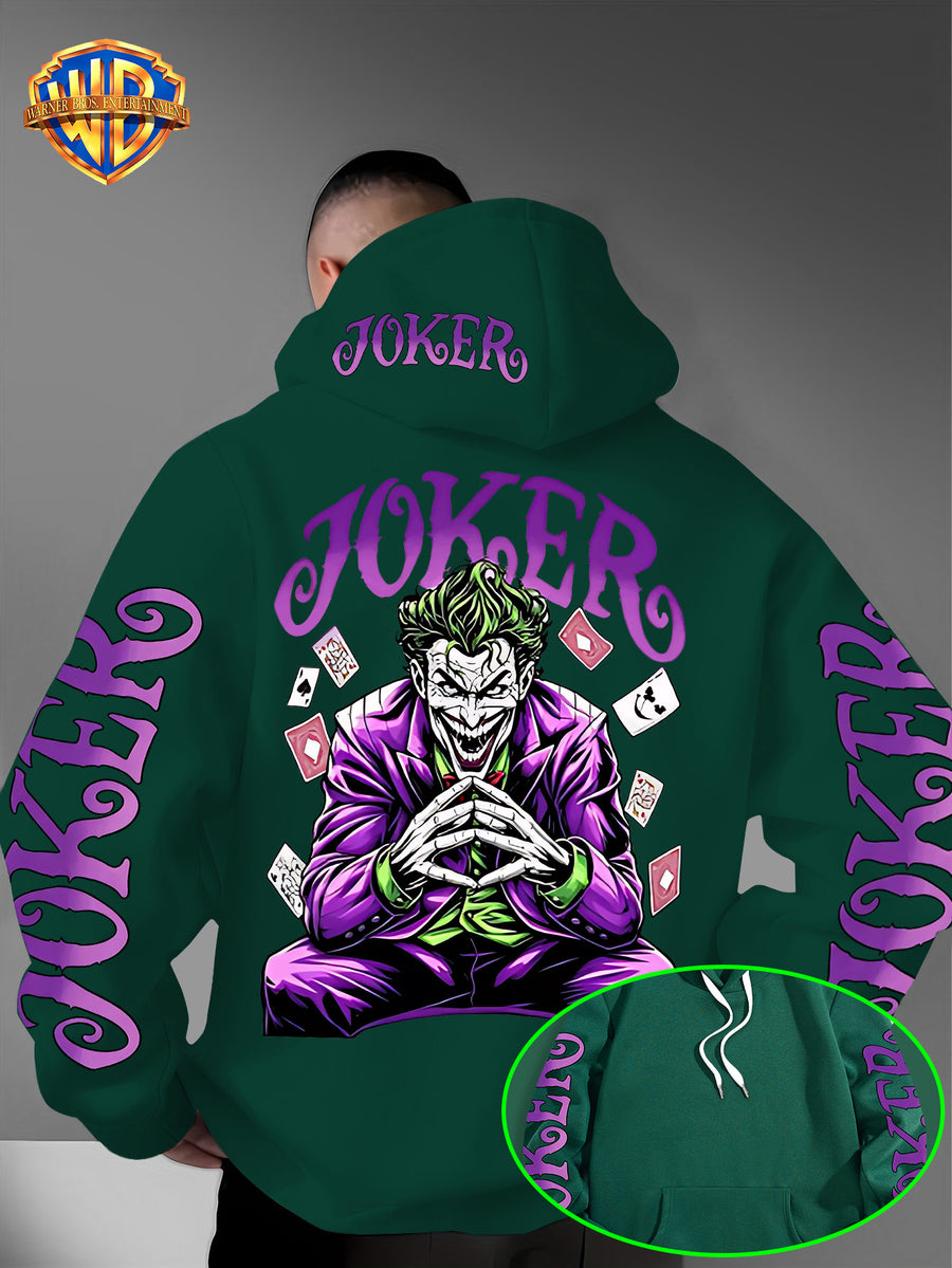 Warner Bros. Fashion Poker Joker Print, Hat Design Pattern, Multi-functional Street Style Men's Hooded Sweatshirt, Comfortable and Casual, Suitable for Autumn and Winter Wear - Green