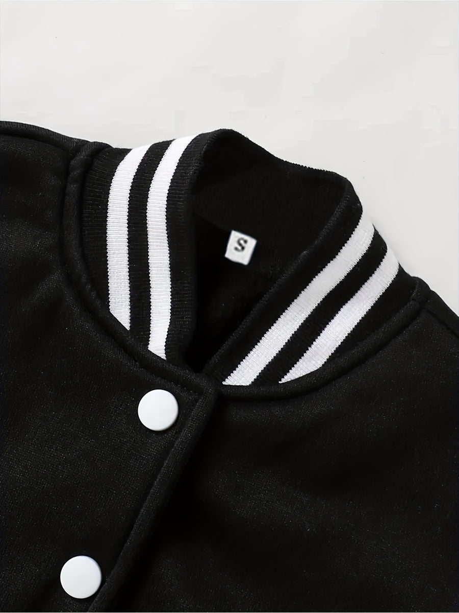 Women'S Retro Baseball Jacket, Black And White Patchwork Campus Style Coat, Leopard Print Bow Print Pattern, Fleece-Lined Zipperless Jacket, Suitable for Street Casual Wear, Machine Washable, Trendy Street Style - Black And White