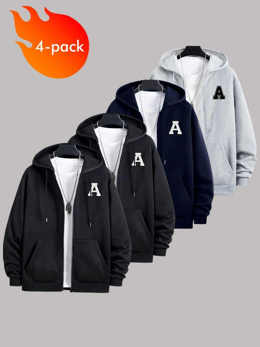50% Cotton, 50% Polyester, 4pcs Men's Zippered Hooded -Lined Sweatshirt, Men's Apparel, Long-Sleeve Jacket, Zippered Top, Hooded Sweatshirt, Pockets, Drawstring, Suitable for Outings, Casual Wear, Back-to-School Season, Gift for Boyfriend - Black+Black+Navy+Light Gray