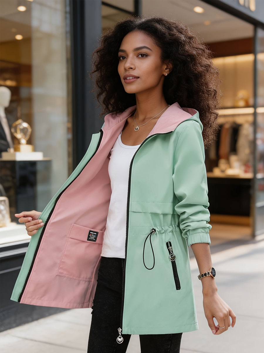 Women's Reversible Mid-Length Spring & Autumn Trench Coat, Color Block, Fixed Hood with Zipper Pockets, Adjustable Cinch Waist Slim Fit, Lightweight Durable Flip Outerwear, Zip-Up Solid Elegant Versatile Outdoor Jacket - Green