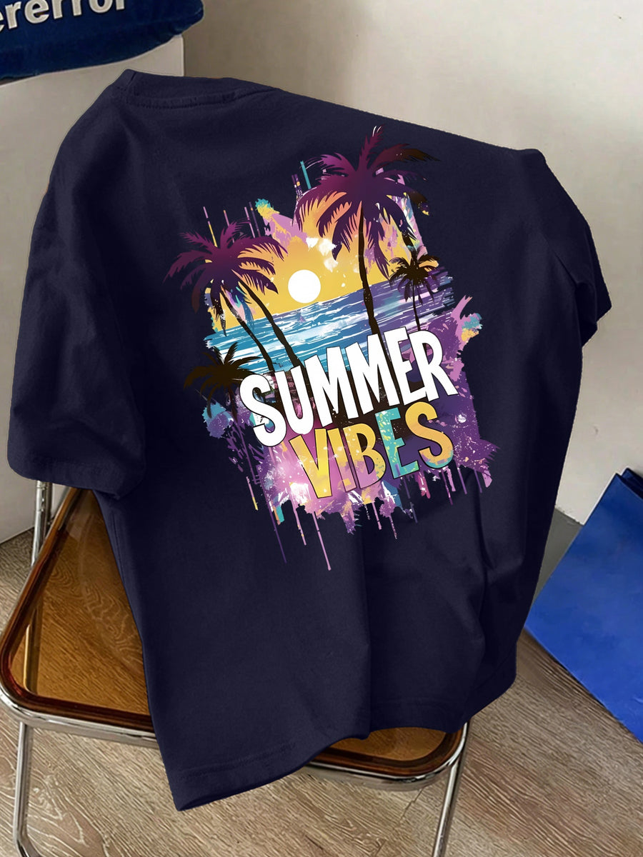 Men's New Pure Cotton Crew Neck Short Sleeve T-Shirt with Summer Vibe Palm Tree Sunset Print, Suitable for Vacation, Leisure, Comfortable, Soft, Breathable, Summer Essential - Navy Color