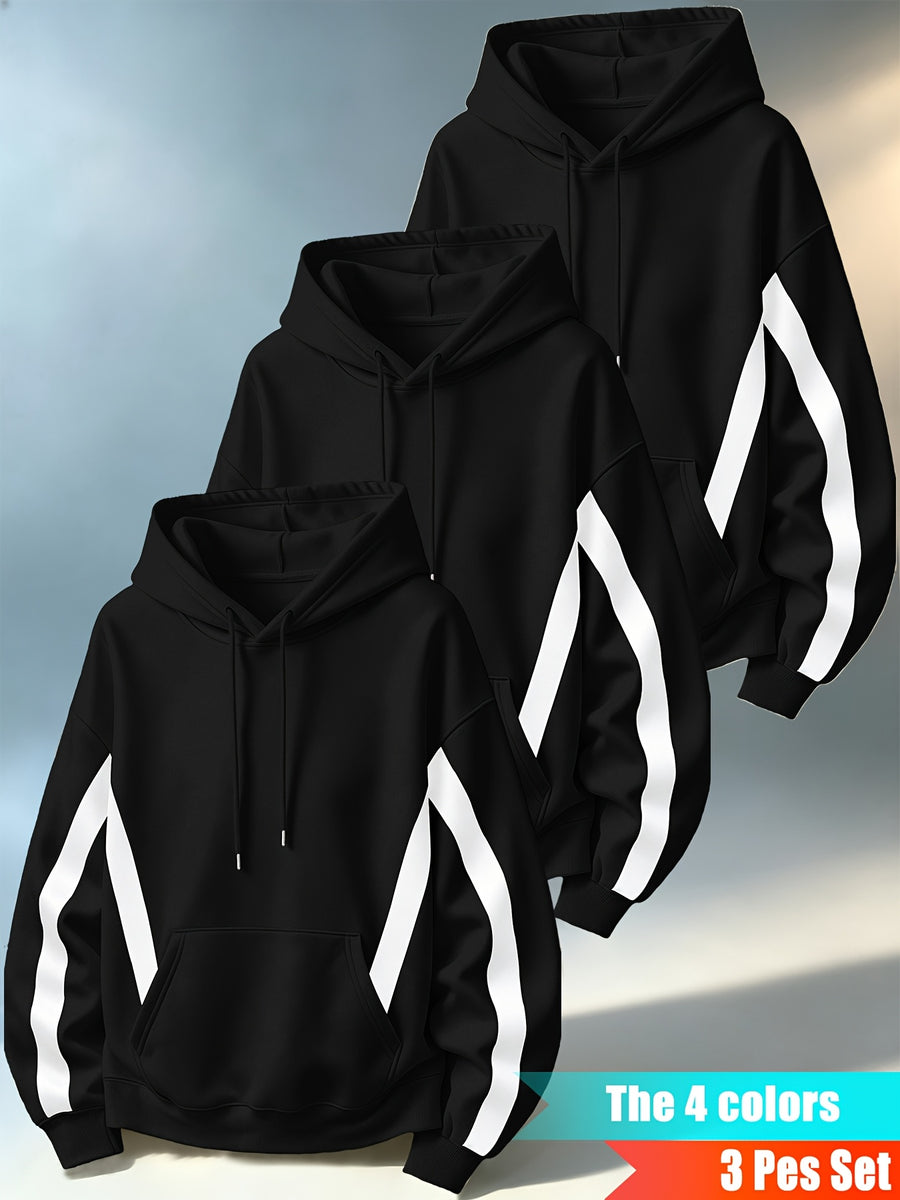 Men'S Three-Piece Casual Hooded Sweater Set, Featuring Contrast-Colored Spliced Sleeves with Drawstrings, Loose-Fitting Pullover Shirt, Long-Sleeved Sports Top for Daily Wear - Black+Black+Black