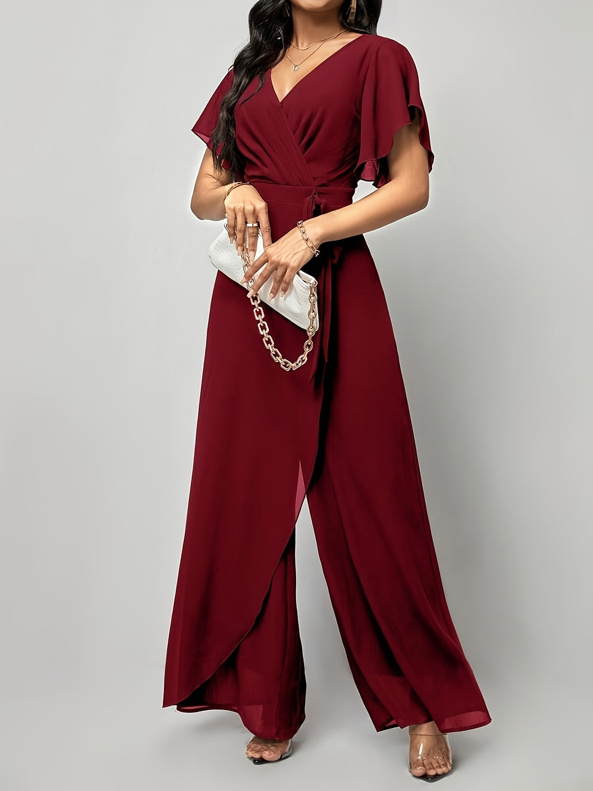 Puff Sleeve Tie-Up Jumpsuit - Deep Red