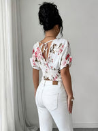Women'S Elegant White Floral V-Neck Ruched Waist T-Shirt, Summer Bohemian Holiday Tea Party Festive Outfit Floral Print Top, Suitable for Dates, Beach Vacations, And More - Mixed colors