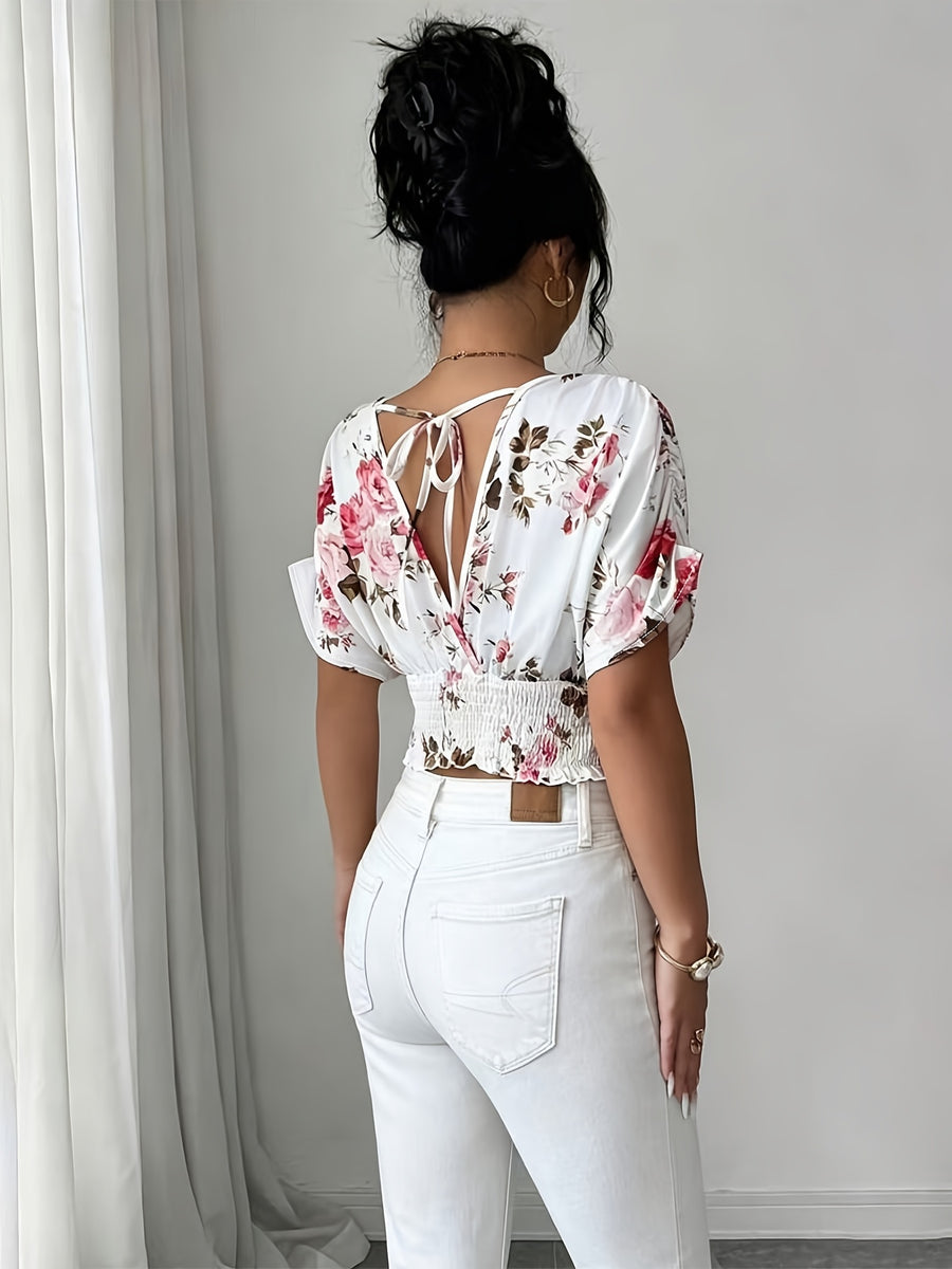 Women'S Elegant White Floral V-Neck Ruched Waist T-Shirt, Summer Bohemian Holiday Tea Party Festive Outfit Floral Print Top, Suitable for Dates, Beach Vacations, And More - Mixed colors
