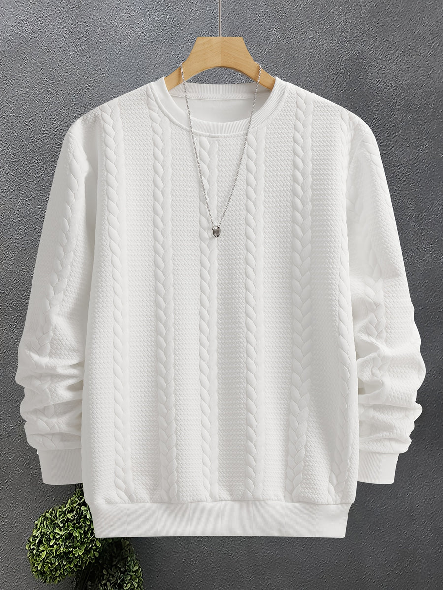 Men'S Fashion Round Neck Sweatshirt, Men'S Round Neck Sweatshirt, Jacquard Design Casual Street sweatshirt, Easy Basic Style Long Sleeve T-Shirt, Athletic sweatshirt, Men'S Casual Wear, Cuffed End, Autumn Essentials - White