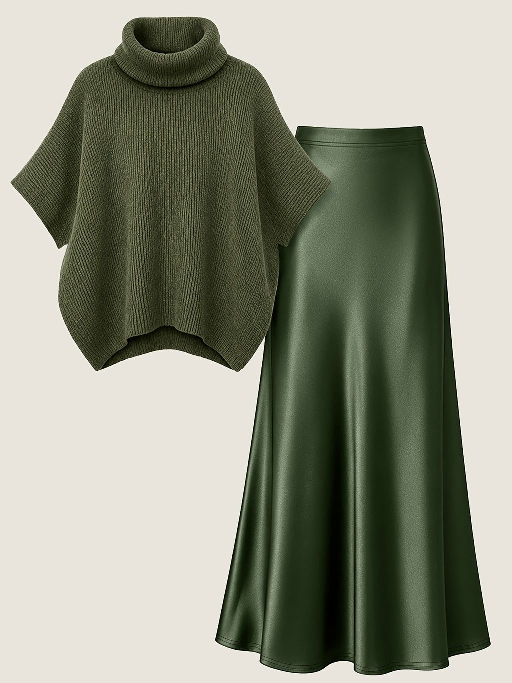 Autumn Winter Fashion Lazy Style Turtleneck Cloak Sweater And Premium Satin Fishtail Half Skirt, Temperament Elegant Commute Two-Piece Set - Olive Green