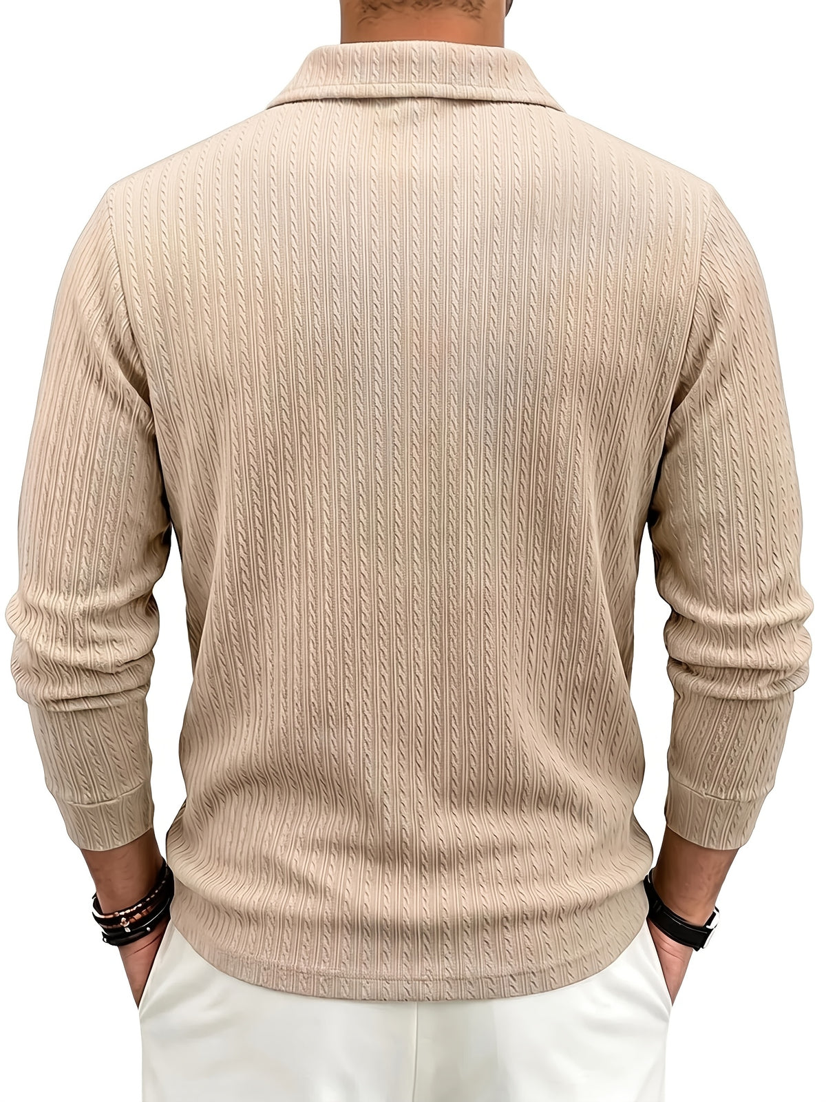 Men'S Casual Jacquard Polo Shirt, Autumn Easy Style Elastic Long Sleeve Textured Fabric Slim Fit Base Layer Top - Khaki