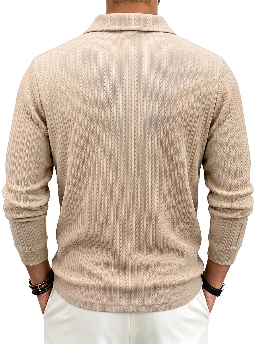 Men'S Casual Jacquard Polo Shirt, Autumn Easy Style Elastic Long Sleeve Textured Fabric Slim Fit Base Layer Top - Khaki