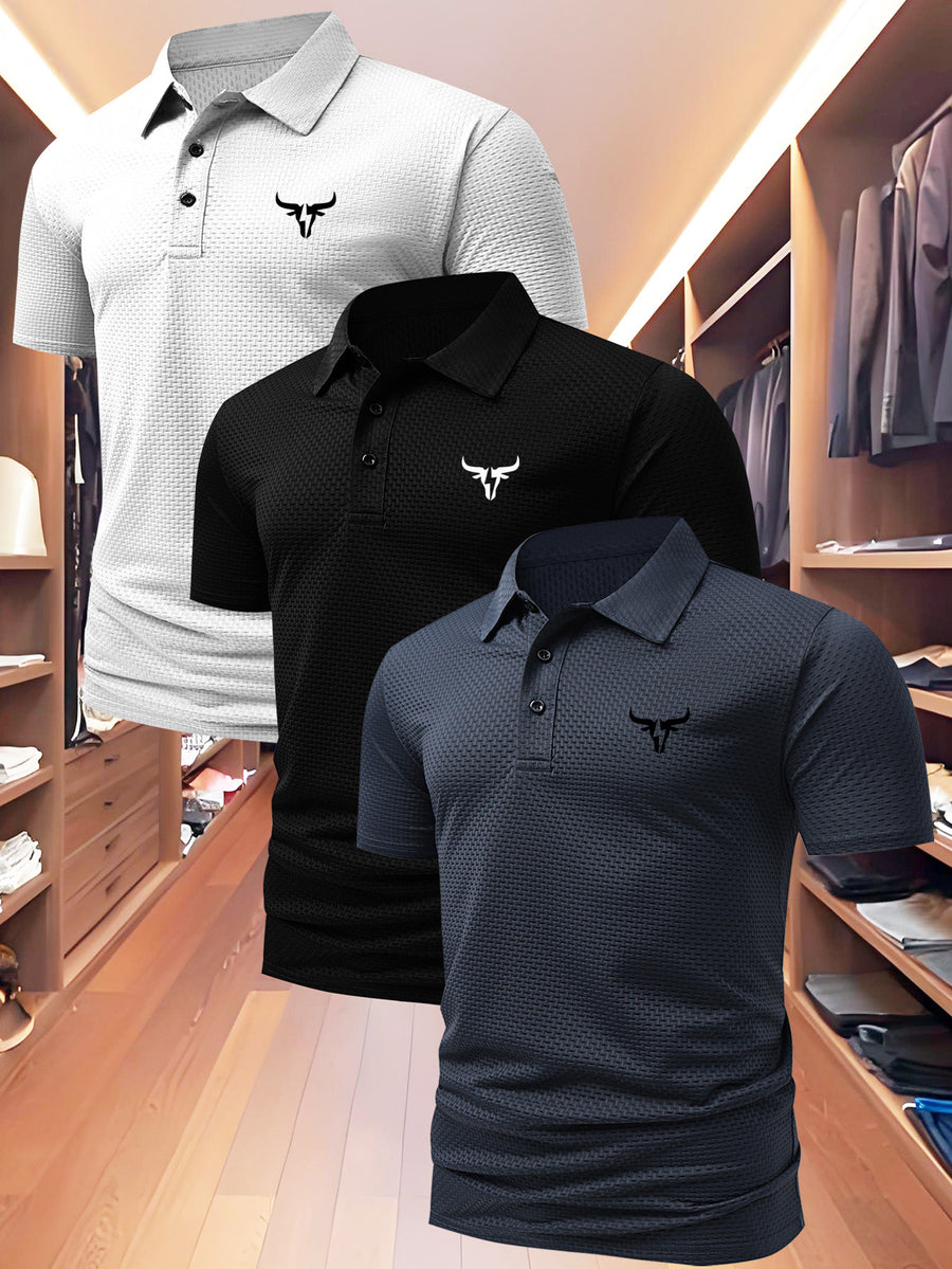 3pcs Value Pc, Summer Short-sleeve Polo Shirt! New Jacquard Fabric, Quick-drying, Lightweight and Breathable, Easy to Wash and Dry Quickly. Men's Color-blocked Cool and Comfortable Polo Shirt with Lapel, for Sports and Casual Wear. Men's Short-sleeve - White Black Blue