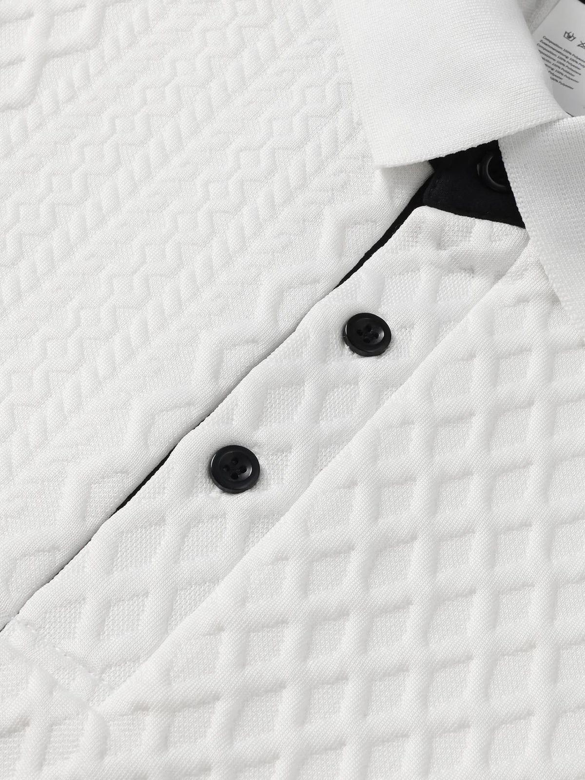 Middle-Aged Men'S Standard Polo Collar Short Sleeve Shirt, SIM Pattern Black Button-Front, Random Diamond Weave Jacquard, Outdoor Casual Soft Stretch Short Sleeve - White
