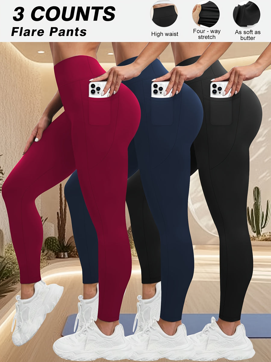 Plus Size - Plus Size - Set of 3 Plus-Size High-Waisted Tight Leggings for Women, Suitable for Outdoor And Workouts. The Fabric Is Highly Elastic, Providing Tummy Control And a Effect. Features Side Pockets for Phone Storage - 1 Black 1 Navy Blue 1 Wine Red