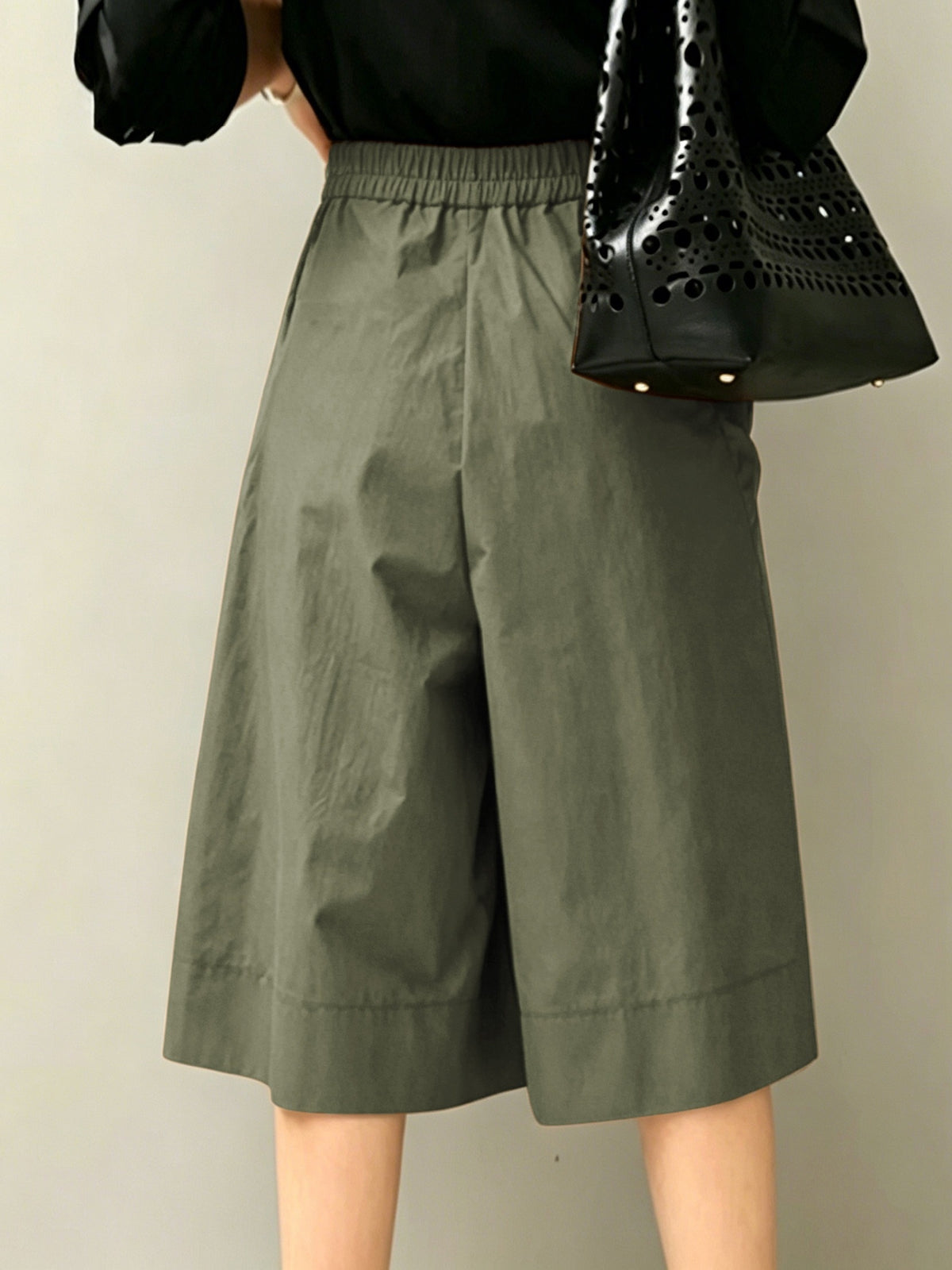 High-Waist Elastic Waist Women'S Capri Wide-Leg Skirt Pants, Side Large Pocket Design, Loose Skirt Silhouette, Breathable Fabric, Summer Casual Wear Choice - Olive Green