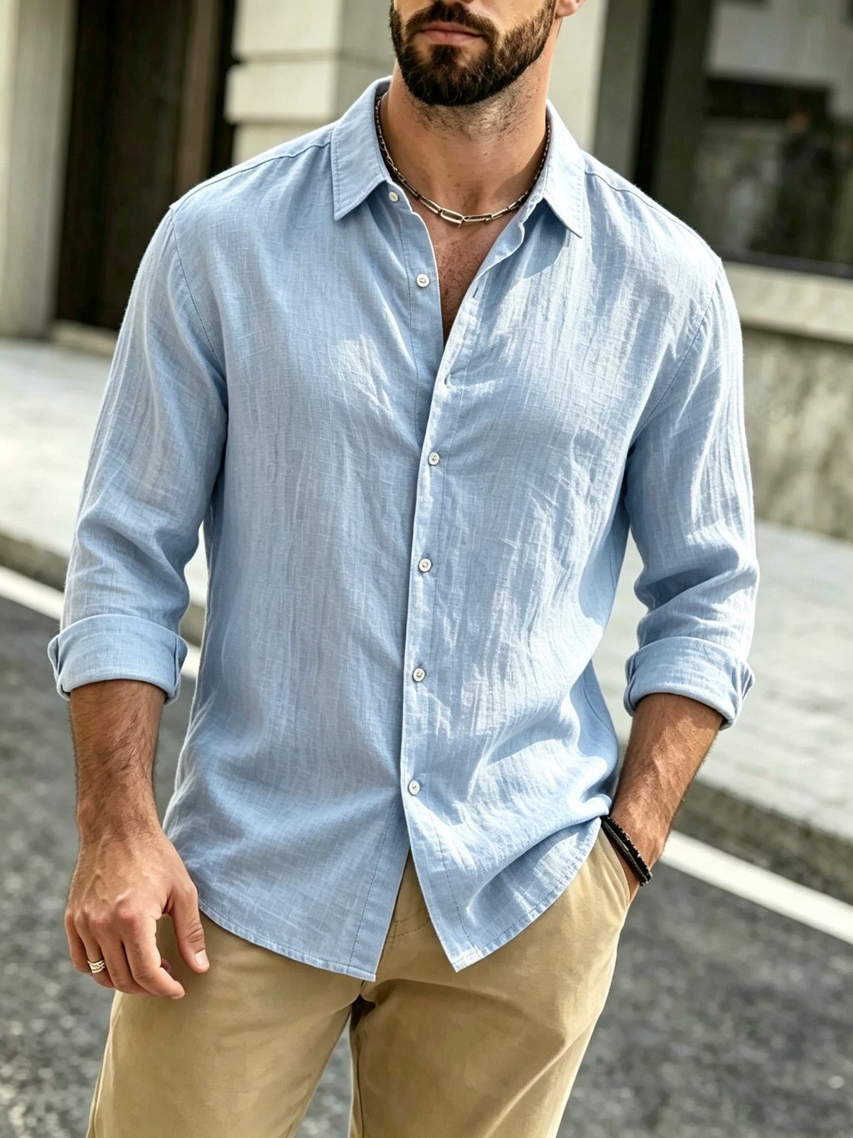 The Preferred Gift for Back to School Season Is Men's Casual Shirts. Spring and Autumn Long Sleeved Shirts Are Trendy, Loose, Solid Color, Breathable and Versatile Tops, Making Them the Perfect Holiday Gift - Sky Blue