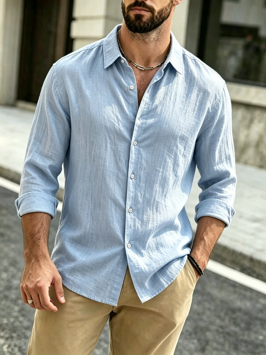 The Preferred Gift for Back to School Season Is Men's Casual Shirts. Spring and Autumn Long Sleeved Shirts Are Trendy, Loose, Solid Color, Breathable and Versatile Tops, Making Them the Perfect Holiday Gift - Sky Blue