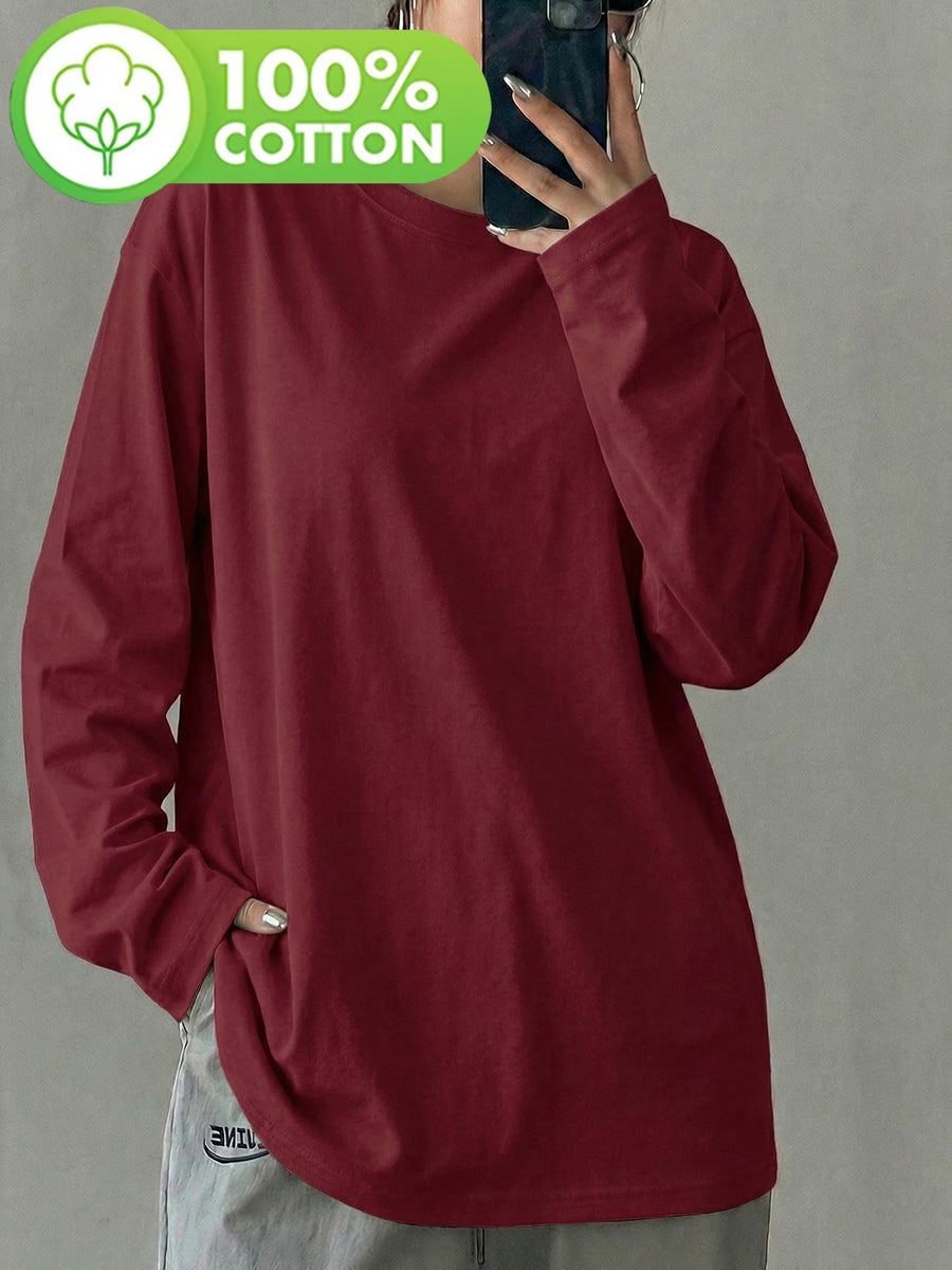 Women'S 100% Solid Color Long Sleeve T-Shirt, Round Neck, Comfortable Casual Wear for Everyday Use - Burgundy