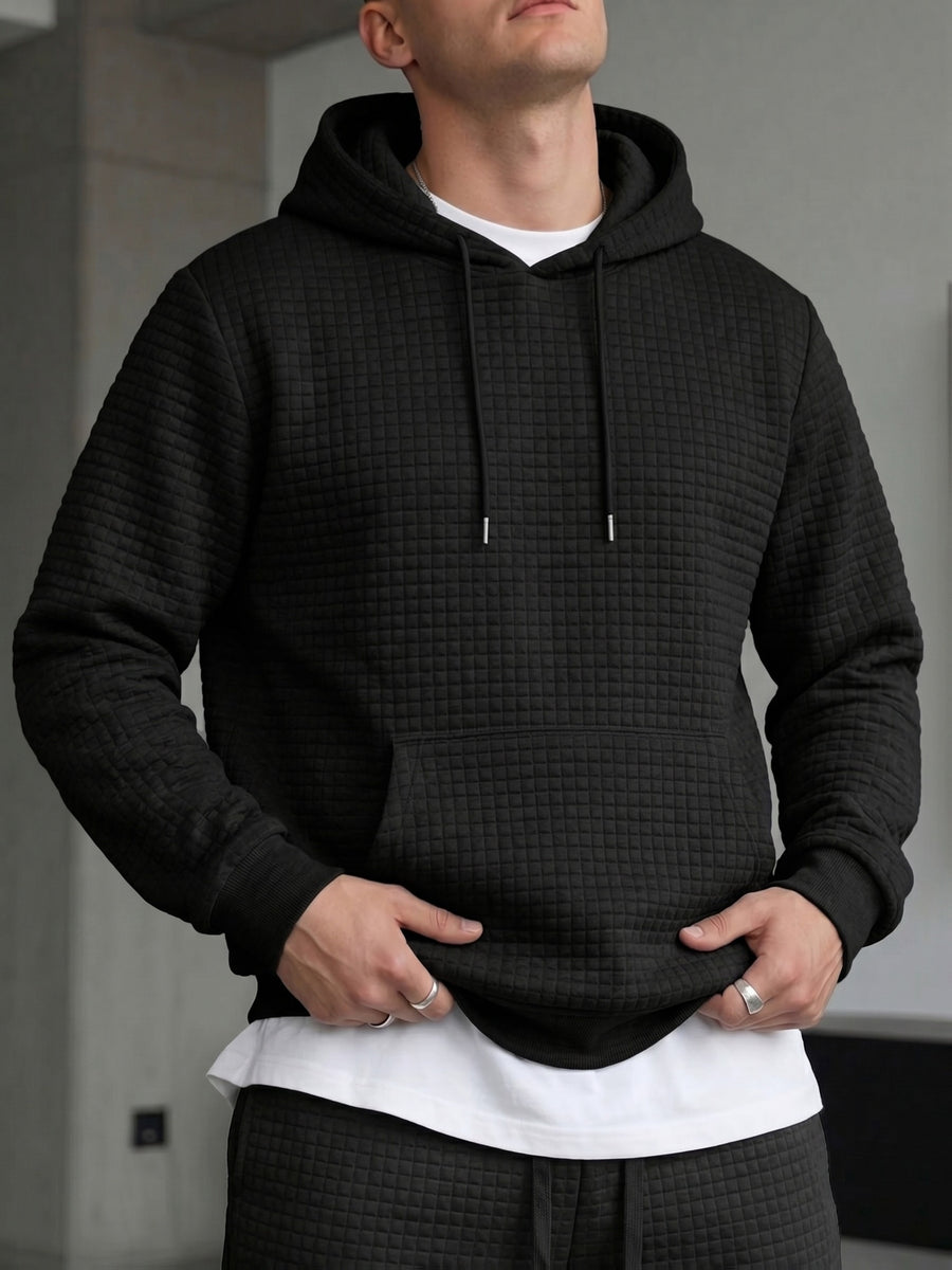 Men's Waffle Knit Hooded Sweatshirt, Spring/Autumn Long-Sleeve Pullover, Textured Checkered Breathable Fabric, Loose Fit with Drawstring Kangaroo Pocket, Casual Commuter Top - Black