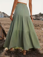 Textured Button Decor Elastic Waist Long Midi Skirt, Women'S Elegant Vacation Casual Skirt for Country Music Festival - Military Green