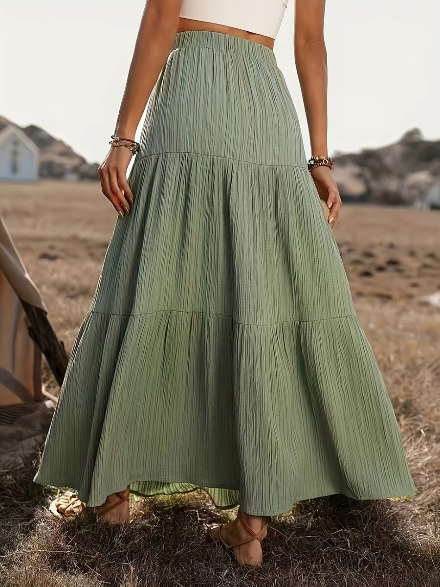 Textured Button Decor Elastic Waist Long Midi Skirt, Women'S Elegant Vacation Casual Skirt for Country Music Festival - Military Green